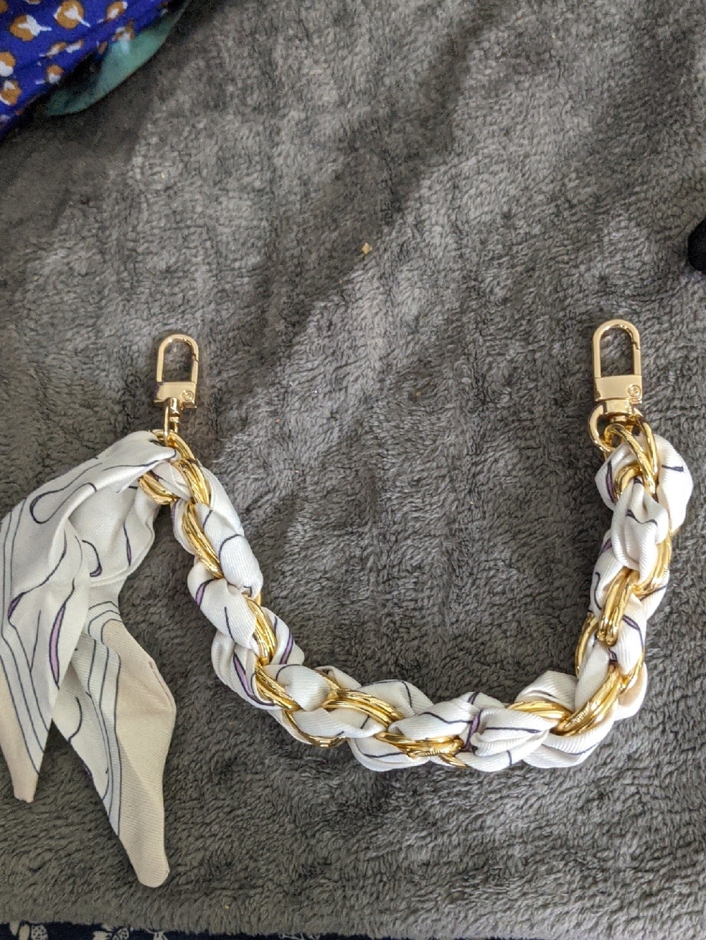 White Patterned Scarf Chain Bag Strap with Gold Chain